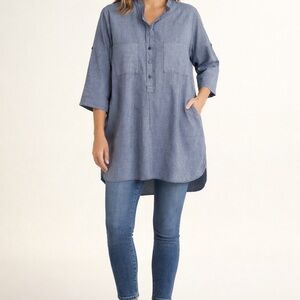 Angela Mara Striped Popover Gauzy Cotton Top in Pinstripe